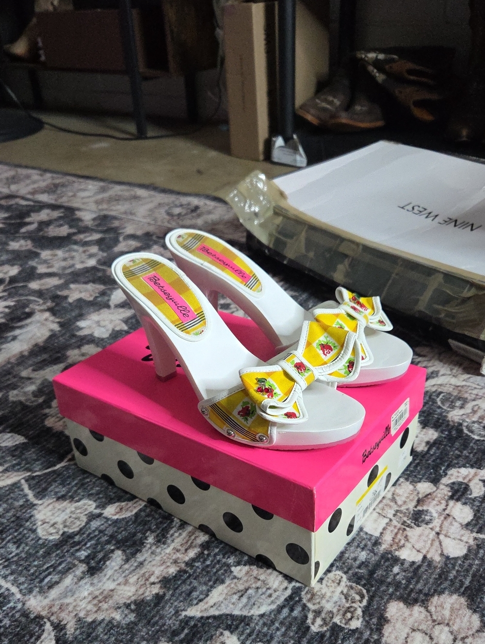 Betseyville White Slip-On Heels with Yellow Floral Bow - Women